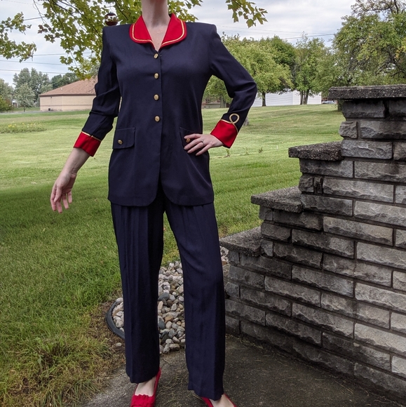 Vintage Pants - Vintage John Roberts Western Style Navy Red Pants Suit 9/10 Large